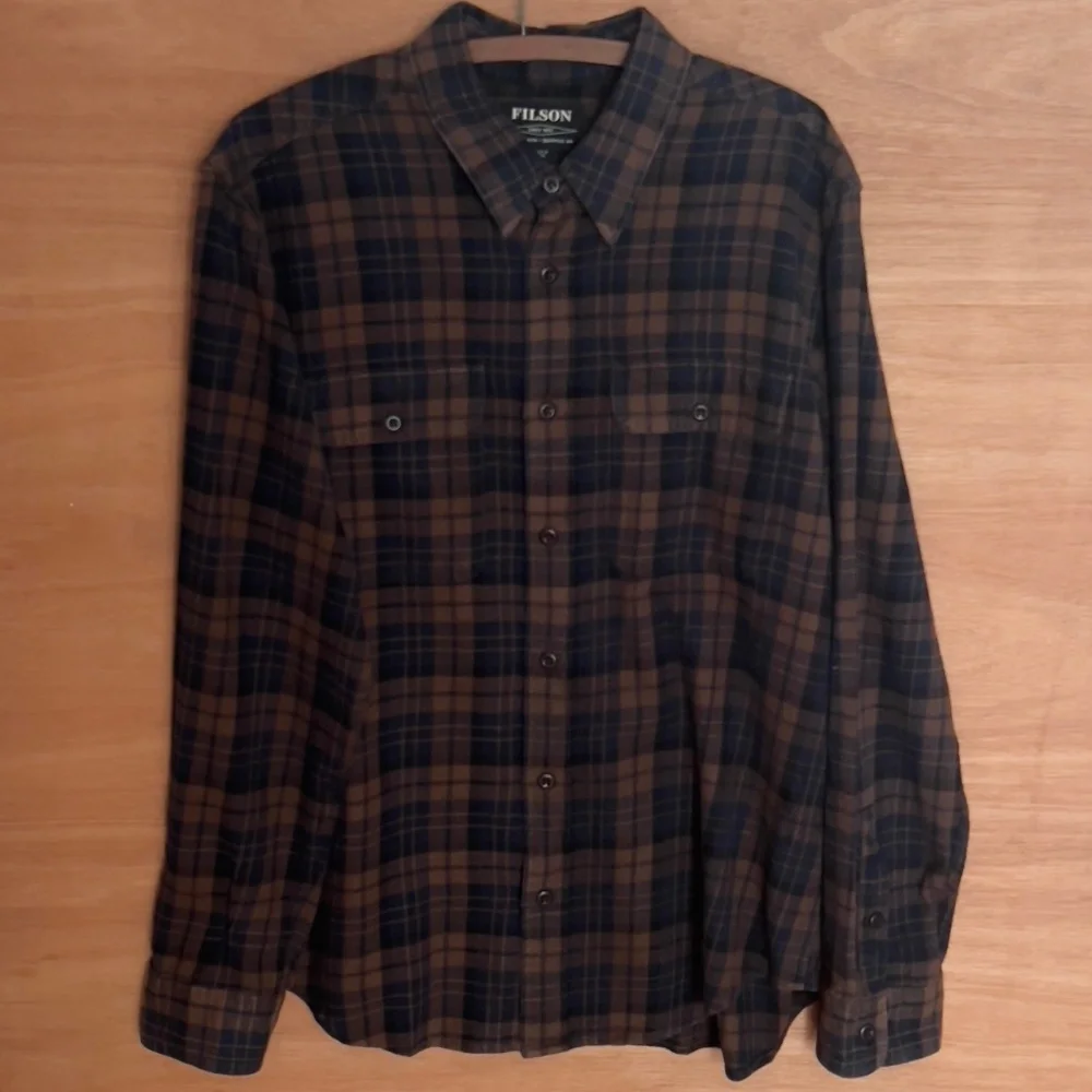FILSON Alaskan Guide flannel shirt plaid men's size L cotton blue brown pockets - Picture 2 of 8